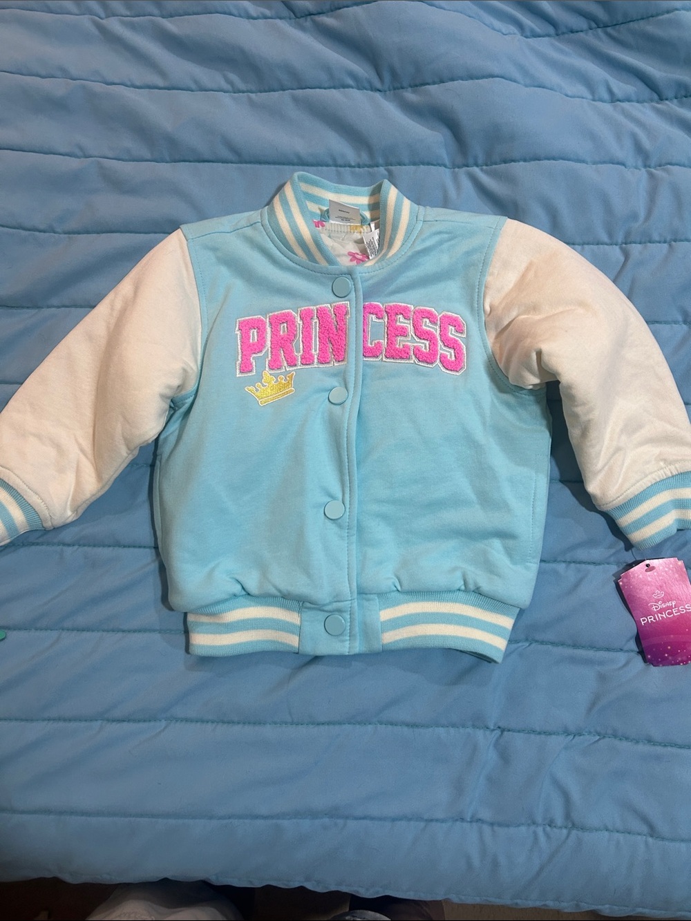 Disney Light Blue & White 'Princess' Varsity Jacket with Pink Lettering